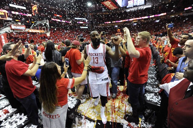 HOUSTON, TX - MAY 17:  James Harden #13 of the Houston Rockets celebrates after the win against the Los Angeles Clippers in Game Seven of the Western Conference Semifinals during the 2015 NBA Playoffs on May 17, 2015 at the Toyota Center in Houston, Texas. NOTE TO USER: User expressly acknowledges and agrees that, by downloading and or using this photograph, User is consenting to the terms and conditions of the Getty Images License Agreement. Mandatory Copyright Notice: Copyright 2015 NBAE (Photo by Bill Baptist/NBAE via Getty Images)