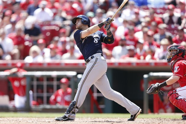 CINCINNATI, OH - APRIL 29: Ryan Braun #8 of the Milwaukee Brewers hits a grand slam in the eighth inning of the game against the Cincinnati Reds at Great American Ball Park on April 29, 2015 in Cincinnati, Ohio. (Photo by Joe Robbins/Getty Images)