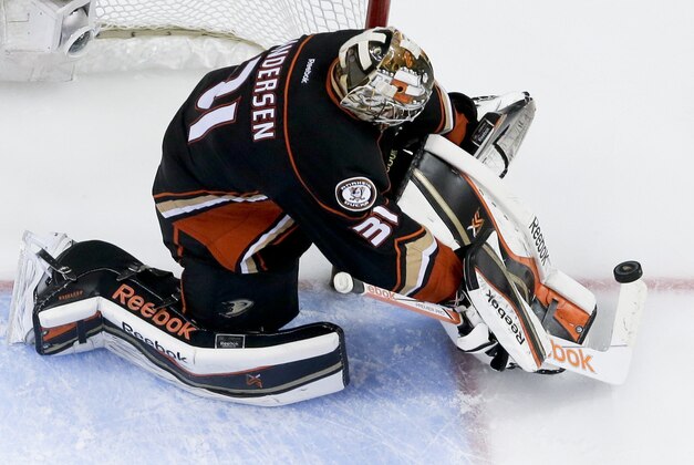 Anaheim Ducks goalie Frederik Andersen blocks a shot against the Calgary Flames during the third period of Game 5 in an NHL hockey second-round playoff series in Anaheim, Calif., Sunday, May 10, 2015. (AP Photo/Chris Carlson) Anaheim Ducks goalie Frederik Andersen blocks a shot against the Calgary Flames during the third period of Game 5 in an NHL hockey second-round playoff series in Anaheim, Calif., Sunday, May 10, 2015. (AP Photo/Chris Carlson)