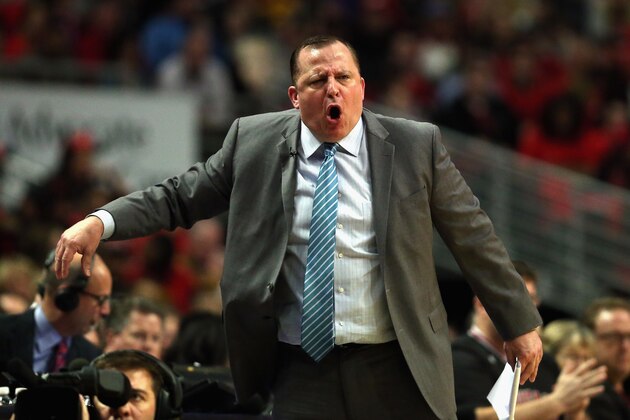 CHICAGO, IL - MAY 10: Head coach Tom Thibodeau of the Chicago Bulls yells at a referee against the Cleveland Cavaliers in Game Four of the Eastern Conference Semifinals of the 2015 NBA Playoffs at the United Center on May 10, 2015 in Chicago, Illinois. NOTE TO USER: User expressly acknowledges and agress that, by downloading and or using the photograph, User is consenting to the terms and conditions of the Getty Images License Agreement. (Photo by Jonathan Daniel/Getty Images)