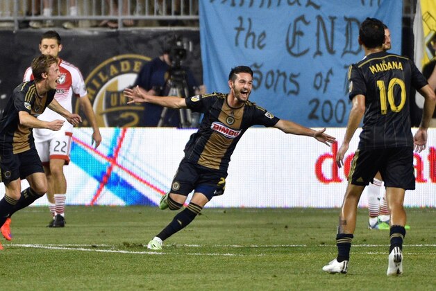 May 17, 2015; Philadelphia, PA, USA; Philadelphia Union midfielder Zach Pfeffer (27) reacts after his goal in stoppage-time against the D.C. United at PPL Park. The Union defeated D.C. United 1-0.  Mandatory Credit: Derik Hamilton-USA TODAY Sports