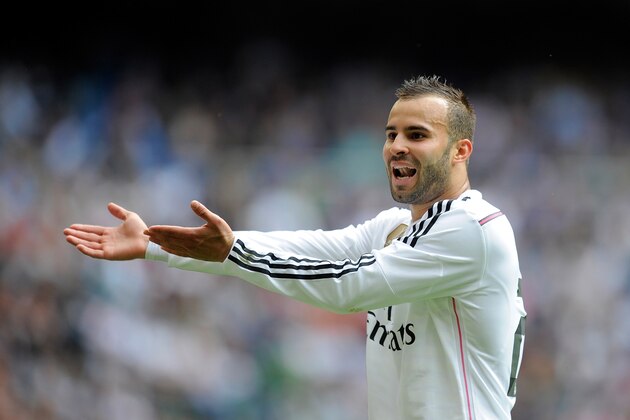 MADRID, SPAIN - APRIL 11:  Jese Rodriguez of Real Madrid questions the linesman's call during the La Liga match between Real Madrid and Eibar at Estadio Santiago Bernabeu on April 11, 2015 in Madrid, Spain.  (Photo by Denis Doyle/Getty Images)