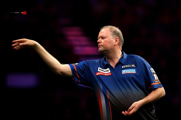 BRIGHTON, ENGLAND - MAY 14: Raymond van Barneveld of Holland in action during his match against Stephen Bunting of England during the Betway Premier League at The Brighton Centre on May 14, 2015 in Brighton, England. (Photo by Charlie Crowhurst/Getty Images)