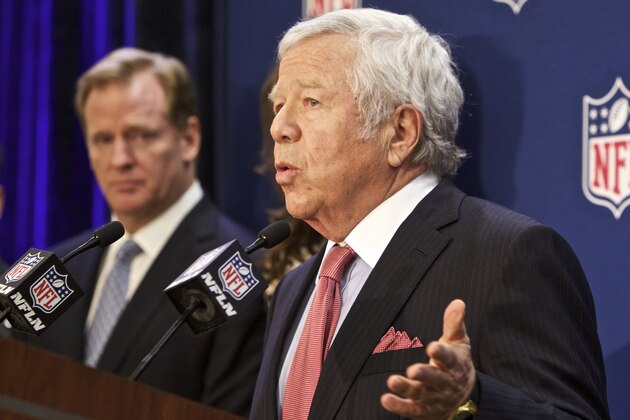 New England Patriots owner Robert Kraft  speaks at an NFL press conference announcing new measures for the league's personal conduct policy during an owners meeting, Wednesday, Dec. 10, 2014, in Irving, Texas. NFL commissioner Roger Goodell looks on at left. (AP Photo/Brandon Wade)