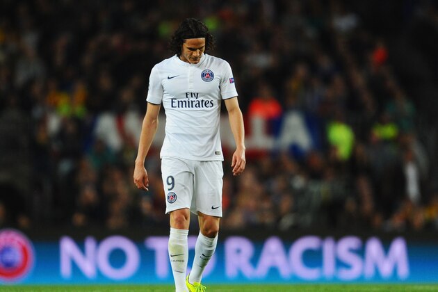 BARCELONA, SPAIN - APRIL 21:  Edinson Cavani of PSG looks thoughtful during the UEFA Champions League Quarter Final second leg match between FC Barcelona and Paris Saint-Germain at Camp Nou on April 21, 2015 in Barcelona, Spain.  (Photo by David Ramos/Getty Images)