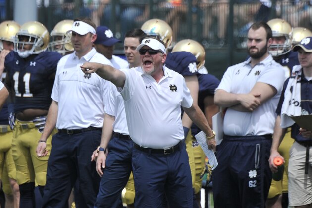 Notre Dame coach Brian Kelly shouts instructions to his players  during the Blue Gold game Saturday April 18, 2015 in South Bend, Ind. (AP Photo/Joe Raymond)