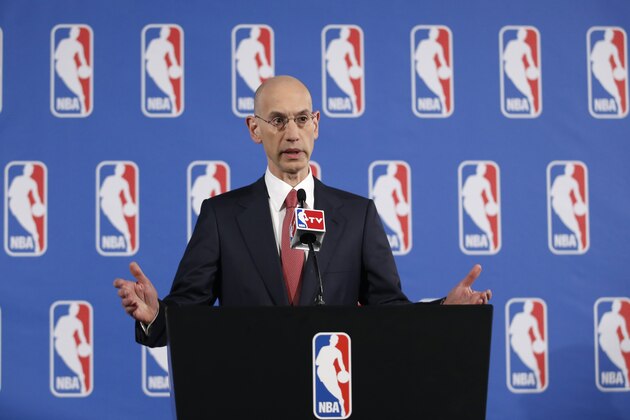 NBA Commissioner Adam Silver gesures as he answers reporters' questions during a press conference before the NBA Draft Lottery in New York, Tuesday, May 20, 2014.  (AP Photo/Kathy Willens)