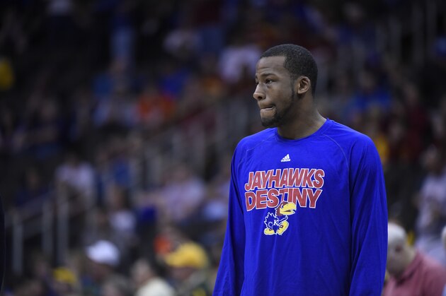 KANSAS CITY, MO - MARCH 13:  Cliff Alexander #2 of the Kansas Jayhawks watches teammates shoot around before a game against the Baylor Bears during the semifinals round of the Big 12 basketball tournament at Sprint Center on March 13, 2015 in Kansas City, Missouri. (Photo by Ed Zurga/Getty Images)