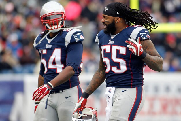 Dec 8, 2013; Foxborough, MA, USA; New England Patriots linebacker Dont'a Hightower (54) and linebacker Brandon Spikes (55) during the first quarter against the Cleveland Browns at Gillette Stadium. Mandatory Credit: Stew Milne-USA TODAY Sports