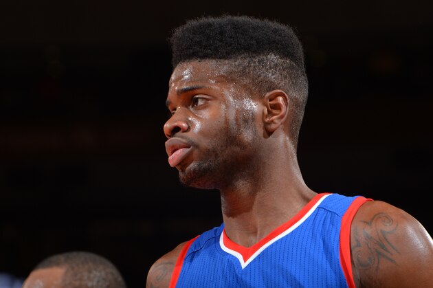 ¬ NEW YORK,NY - APRIL 5: Nerlens Noel #4 of the Philadelphia 76ers looks on against the New York Knicks at Madison Square Garden on April 5, 2015 in New York, New York NOTE TO USER: User expressly acknowledges and agrees that, by downloading and/or using this Photograph, user is consenting to the terms and conditions of the Getty Images License Agreement. Mandatory Copyright Notice: Copyright 2015 NBAE (Photo by Jesse D. Garrabrant/NBAE via Getty Images)