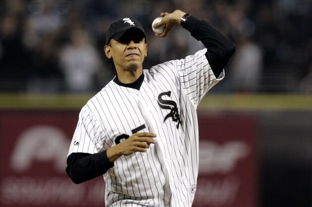 Sen. Barack Obama, D-Ill. throws out the cermonial first pitch before Game 2 of the American League Championship Series between the Chicago White Sox and the Los Angeles Angels at U.S. Cellular Field in Chicago, Wednesday, Oct. 12, 2005. (AP Photo/Ann Heisenfelt)