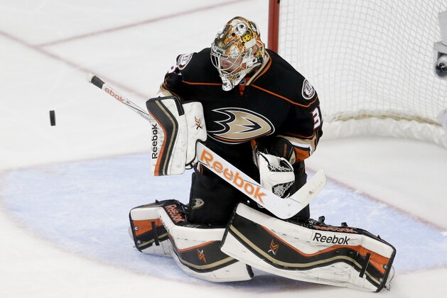 Anaheim Ducks goalie Frederik Andersen blocks a shot against the Chicago Blackhawks during the second period of Game 1 of the Western Conference final during the NHL hockey Stanley Cup playoffs in Anaheim, Calif., Sunday, May 17, 2015. (AP Photo/Chris Carlson)