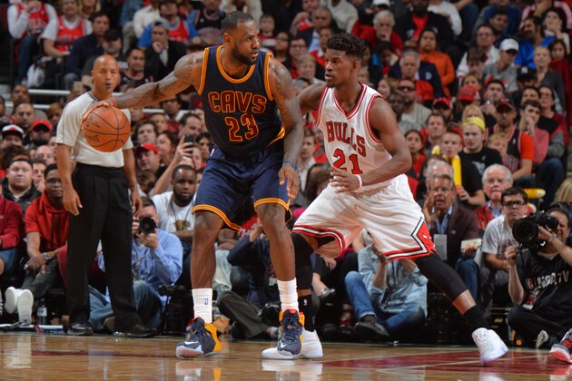 CHICAGO,IL : LeBron James #23 of the Cleveland Cavaliers backs up to the basket against the Chicago Bulls at the United Center During Game Six of the Eastern Conference Semifinals during the 2015 NBA Playoffs on May 14, 2015 in Chicago,Illinois NOTE TO USER: User expressly acknowledges and agrees that, by downloading and/or using this Photograph, user is consenting to the terms and conditions of the Getty Images License Agreement. Mandatory Copyright Notice: Copyright 2015 NBAE (Photo by Jesse D. Garrabrant/NBAE via Getty Images)