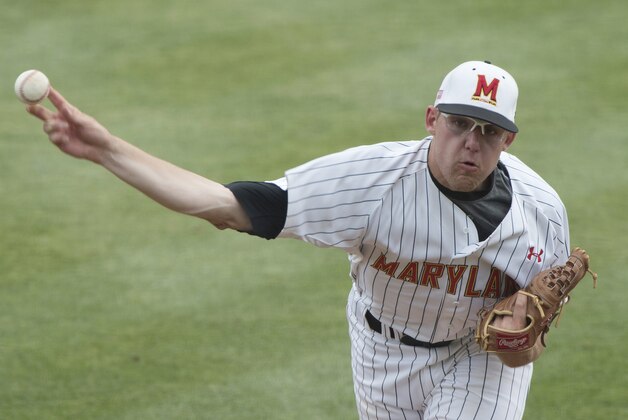 Jun 8, 2014; Charlottesville, VA, USA; Maryland Terps pitcher Mike Shawaryn (18) throws the ball during the second inning against the Virginia Cavaliers at Davenport  Field. Mandatory Credit: Tommy Gilligan-USA TODAY Sports