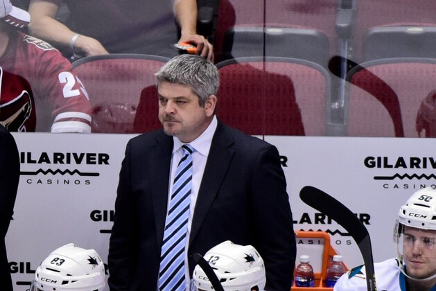 Feb 13, 2015; Glendale, AZ, USA; San Jose Sharks head coach Todd McLellan looks on during the first period against the Arizona Coyotes at Gila River Arena. Mandatory Credit: Matt Kartozian-USA TODAY Sports