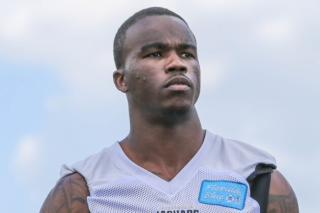 Safety James Sample (36) enters the practice field for day two of Jacksonville Jaguars NFL football rookie camp Saturday, May 9, 2015, in Jacksonville, Fla. (AP Photo/Gary McCullough)