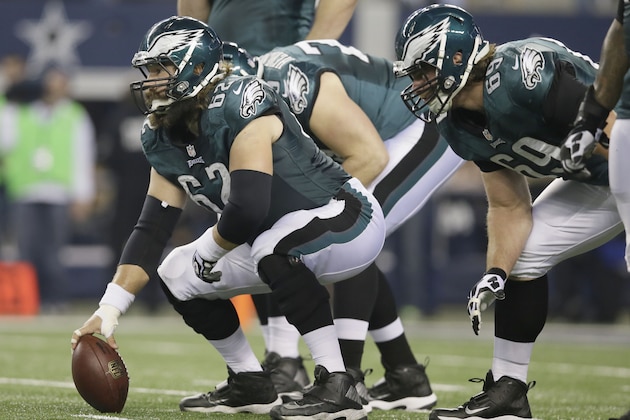 FILE - In this Dec. 29, 2013, file photo, Philadelphia Eagles center Jason Kelce (62) lines up for the snap during the first half of an NFL football game against the Dallas Cowboys in Arlington, Texas. Three weeks into the 2014 season and the Eagles' offensive line doesn't look anything like it was supposed to. The latest casualty is Kelce, who needs sports hernia surgery after getting hurt in the Eagles' 37-34 win over the Washington Redskins on Sunday, Sept. 21, 2014. (AP Photo/Tony Gutierrez, File)