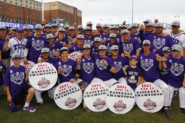 TCU poses for a group photo after defeating Oklahoma State in the Big 12 conference NCAA college baseball tournament championship in Oklahoma City, Sunday, May 25, 2014. TCU won 7-1. (AP Photo/Alonzo Adams)