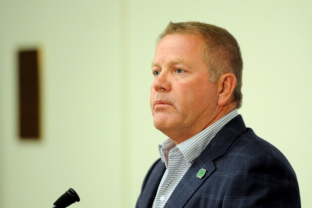 Notre Dame football coach Brian Kelly talks to the media at the beginning of fall practice Friday August 1, 2014 in South Bend, Ind. Notre Dame opens the season against Rice at home Saturday Aug. 30. (AP Photo/Joe Raymond)