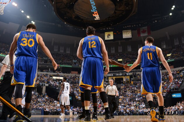 MEMPHIS, TENNESSEE - MAY 11: Stephen Curry #30, Andrew Bogut #12 and Klay Thompson #11 of the Golden State Warriors during Game Four of the Western Conference Semifinals against the Memphis Grizzlies for the NBA Playoffs on May 11, 2015 at FedExForum in Memphis, Tennessee.  NOTE TO USER: User expressly acknowledges and agrees that, by downloading and or using this Photograph, user is consenting to the terms and conditions of the Getty Images License Agreement.  Mandatory Copyright Notice: Copyright 2015 NBAE (Photo by Noah Graham/NBAE via Getty Images)