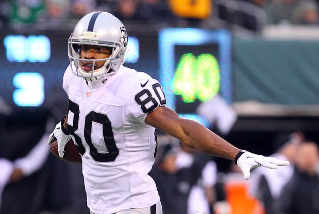 Dec 8, 2013; East Rutherford, NJ, USA; Oakland Raiders wide receiver Rod Streater (80) scores a touchdown during the second half at MetLife Stadium. The Jets defeated the Raiders 37-27.  Mandatory Credit: Ed Mulholland-USA TODAY Sports