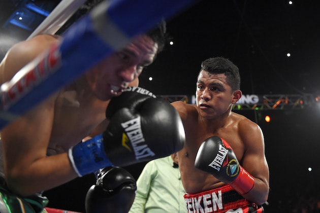 Roman Gonzalez, right, of Nicaragua, connects a right to Edgar Sosa, of Mexico, during a WBC flyweight world championship boxing bout, Saturday, May 16, 2015, in Inglewood, Calif. (AP Photo/Mark J. Terrill)