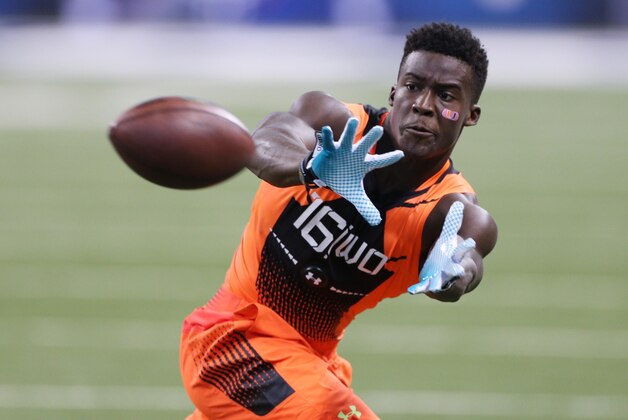 Feb 21, 2015; Indianapolis, IN, USA; Miami Hurricanes wide receiver Phillip Dorsett catches a pass during the 2015 NFL Combine at Lucas Oil Stadium. Mandatory Credit: Brian Spurlock-USA TODAY Sports