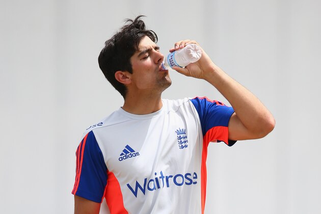 GRENADA, GRENADA - APRIL 19: Alastair Cook the captain of England takes on water during the England nets session at the National Cricket Ground Stadium in St George on April 19, 2015 in Grenada, Grenada.  (Photo by Michael Steele/Getty Images)