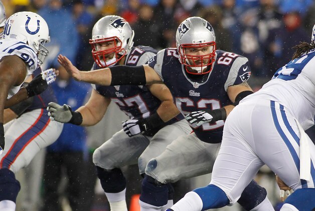 Jan 18, 2015; Foxborough, MA, USA; New England Patriots guard Ryan Wendell (62) blocks during the first quarter against the Indianapolis Colts in the AFC Championship Game at Gillette Stadium. Mandatory Credit: Stew Milne-USA TODAY Sports