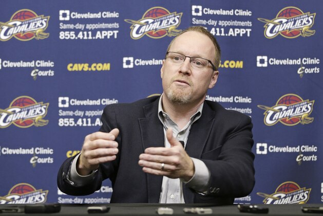 Cleveland Cavaliers interim general manager David Griffin answers questions during a news conference Tuesday, April 22, 2014, in Independence, Ohio. Unsure of his own future, Griffiin discussed Cleveland's disappointing season, which ended for the fourth straight year shy of the NBA playoffs.(AP Photo/Tony Dejak)