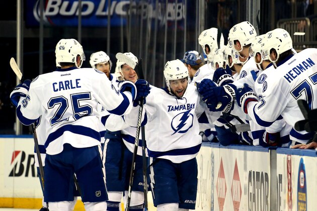 NEW YORK, NY - MAY 18:  Tyler Johnson #9 of the Tampa Bay Lightning celebrates his hat trick goal in the second period against Henrik Lundqvist #30 of the New York Rangers during Game Two of the Eastern Conference Finals during the 2015 NHL Stanley Cup Playoffs at Madison Square Garden on May 18, 2015 in New York City.  (Photo by Bruce Bennett/Getty Images)