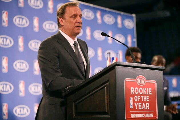 MINNEAPOLIS, MN - APRIL 30:  Flip Saunders speaks while Andrew Wiggins #22 of the Minnesota Timberwolves is presented with the 2014- 2015 Kia NBA Rookie of the Year Award on April 30, 2015 at Target Center in Minneapolis, Minnesota.  NOTE TO USER: User expressly acknowledges and agrees that, by downloading and or using this Photograph, user is consenting to the terms and conditions of the Getty Images License Agreement. Mandatory Copyright Notice: Copyright 2015 NBAE (Photo by David Sherman/NBAE via Getty Images)