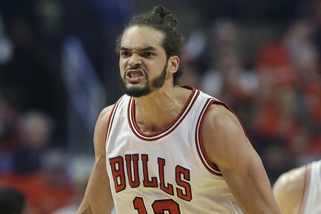 Chicago Bulls center Joakim Noah reacts after scoring a basket during the first half of Game 3 in a second-round NBA basketball playoff series against the Cleveland Cavaliers in Chicago on Friday, May 8, 2015. (AP Photo/Nam Y. Huh)