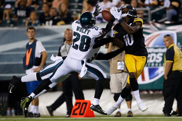 Philadelphia Eagles' Earl Wolff (28) breaks up a pass for Pittsburgh Steelers' Martavis Bryant (10) during the second half of an NFL preseason football game, Thursday, Aug. 21, 2014, in Philadelphia. (AP Photo/Michael Perez)
