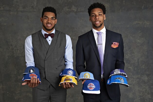 NEW YORK - MAY 19: Draft Prospects Karl Anthony Towns and Jahlil Okafor poses for some portraits prior to the 2015 NBA Draft Lottery on May 19, 2015 at the NBA Headquarters in New York City. NOTE TO USER: User expressly acknowledges and agrees that, by downloading and/or using this photograph, user is consenting to the terms and conditions of the Getty Images License Agreement. Mandatory Copyright Notice: Copyright 2015 NBAE (Photo by Jennifer Pottheiser/NBAE via Getty Images) NEW YORK - MAY 19: Draft Prospects Karl Anthony Towns and Jahlil Okafor poses for some portraits prior to the 2015 NBA Draft Lottery on May 19, 2015 at the NBA Headquarters in New York City. NOTE TO USER: User expressly acknowledges and agrees that, by downloading and/or using this photograph, user is consenting to the terms and conditions of the Getty Images License Agreement. Mandatory Copyright Notice: Copyright 2015 NBAE (Photo by Jennifer Pottheiser/NBAE via Getty Images)