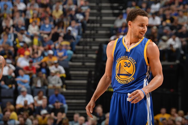 MEMPHIS, TN - MAY 15:  Stephen Curry #30 of the Golden State Warriors smiles in Game Six of the Western Conference Semifinals against the Memphis Grizzlies during the 2015 NBA Playoffs on May 15, 2015 at the FedExForum in Memphis, Tennessee.  NOTE TO USER: User expressly acknowledges and agrees that, by downloading and or using this Photograph, user is consenting to the terms and conditions of the Getty Images License Agreement. Mandatory Copyright Notice: Copyright 2015 NBAE (Photo by Noah Graham/NBAE via Getty Images)