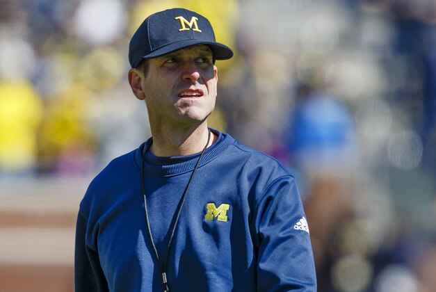 Apr 4, 2015; Ann Arbor, MI, USA; Michigan Wolverines head coach Jim Harbaugh is seen during the Spring football game at Michigan Stadium. Mandatory Credit: Rick Osentoski-USA TODAY Sports