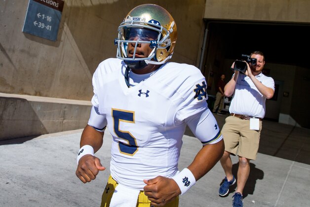 Nov 8, 2014; Tempe, AZ, USA; Notre Dame Fighting Irish quarterback Everett Golson (5) against the Arizona State Sun Devils at Sun Devil Stadium. Arizona State defeated Notre Dame 55-31. Mandatory Credit: Mark J. Rebilas-USA TODAY Sports