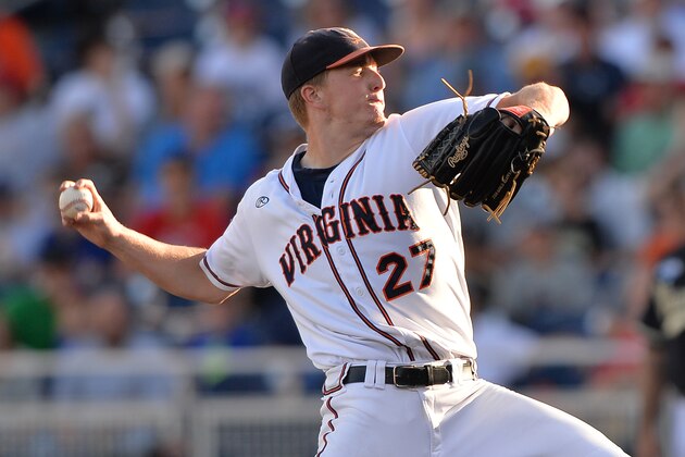 OMAHA, NE - JUNE 25:  Pitcher Josh Sborz #27 of the Virginia Cavaliers delivers a pitch against the Vanderbilt Commodores in the first inning during game three of the College World Series Championship Series on June 25, 2014 at TD Ameritrade Park in Omaha, Nebraska.  (Photo by Peter Aiken/Getty Images)