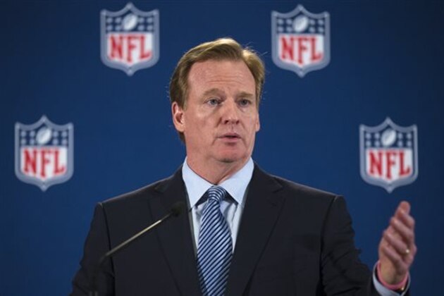 FILE - In this Oct. 8, 2014, file photo, NFL commissioner Roger Goodell speaks during a news conference following a meeting of NFL owners and executives in New York. The NFL players' union wants to negotiate with the league in changing the personal conduct policy. In a memo sent to each NFLPA player representative and executive board member, and obtained by The Associated Press on Thursday, Nov. 13, 2014, the union cites the NFL's