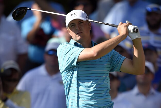 May 7, 2015; Ponte Vedra Beach, FL, USA; Jordan Spieth hits his tee shot on the 12th hole during the first round of The Players Championship golf tournament at TPC Sawgrass - Stadium Course. Mandatory Credit: John David Mercer-USA TODAY Sports