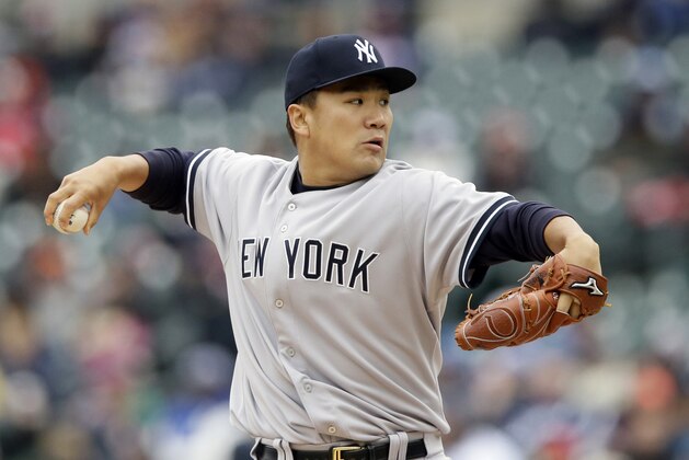 FILE - In this April 23, 2015 file photo, New York Yankees starting pitcher Masahiro Tanaka throws during the first inning of a baseball game against the Detroit Tigers, in Detroit. Tanaka is going to be out at least a month because of tendinitis in his right wrist and a mild right forearm strain. General manager Brian Cashman said Tuesday night, April 28, 2015, during New York's game against Tampa Bay that tests showed no change in Tanaka's partially torn elbow ligament. The Japanese star last year chose not to have Tommy John surgery and missed 2 1/2 months rehabbing the injury. (AP Photo/Carlos Osorio, File)