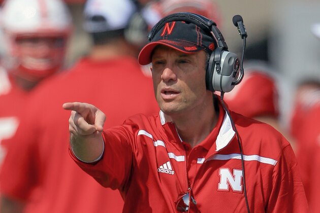 Nebraska head coach Mike Riley points during the annual NCAA college football Red-White spring game in Lincoln, Neb., Saturday, April 11, 2015. (AP Photo/Nati Harnik)