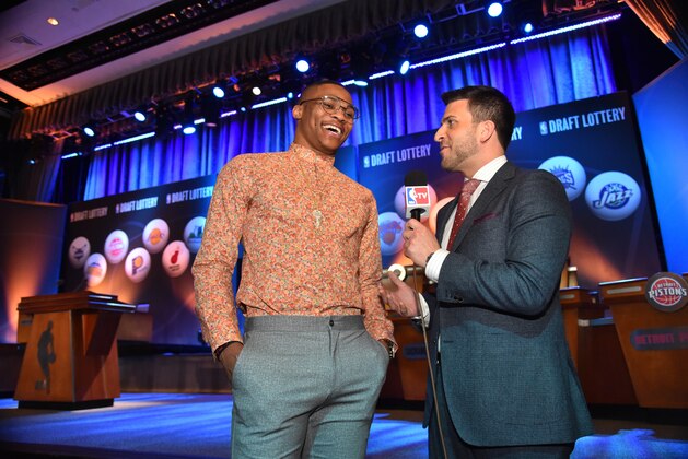 NEW YORK - MAY 19: Jared Greenburg of NBATV interviews Russell Westbrook of the Oklahoma City Thunder prior to the 2015 NBA Draft Lottery on May 19, 2015 at the New York Hilton Midtown in New York City.  NOTE TO USER: User expressly acknowledges and agrees that, by downloading and/or using this photograph, user is consenting to the terms and conditions of the Getty Images License Agreement. Mandatory Copyright Notice: Copyright 2015 NBAE (Photo by Jesse D. Garrabrant/NBAE via Getty Images)