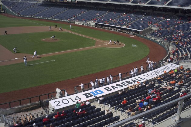 Illinois plays Michigan State in the Big Ten college baseball tournament in Omaha, Neb., Wednesday, May 21, 2014. Once the forgotten sport in the Big Ten, a push is underway to make its baseball relevant on the national level. An infusion of cash from the Big Ten Network has allowed five schools to open new stadiums since 2007. Coaches have bought in to a strategy to upgrade non-conference schedules. A major breakthrough came last year when Indiana was the first Big Ten team since 1984 to reach the College World Series. This week the conference tournament is being played on the grand stage of college baseball, TD Ameritrade Park in Omaha. (AP Photo/Nati Harnik)