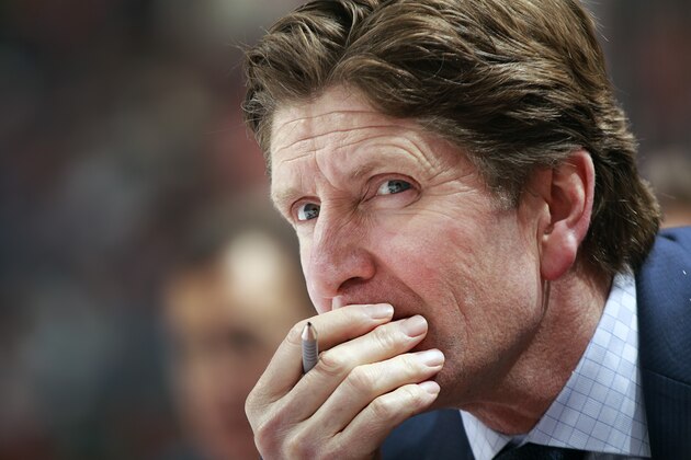 VANCOUVER, BC - JANUARY 3:  Head coach Mike Babcock of the Detroit Red Wings looks on from the bench during their NHL game against the Vancouver Canucks at Rogers Arena January 3, 2015 in Vancouver, British Columbia, Canada.  (Photo by Jeff Vinnick/NHLI via Getty Images)