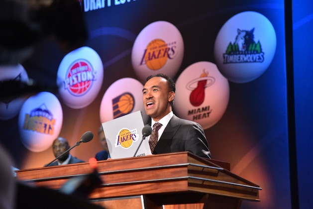 NEW YORK - MAY 19: NBA Deputy Commissioner Mark Tatum announces the 3rd pick goes to Los Angeles Lakers during the 2015 NBA Draft Lottery on May 19, 2015 at the New York Hilton Midtown in New York City.  NOTE TO USER: User expressly acknowledges and agrees that, by downloading and/or using this photograph, user is consenting to the terms and conditions of the Getty Images License Agreement. Mandatory Copyright Notice: Copyright 2015 NBAE (Photo by Jesse D. Garrabrant/NBAE via Getty Images)