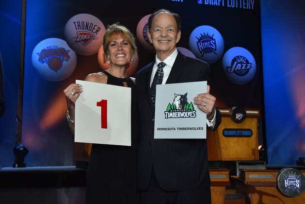 NEW YORK - MAY 19: Owner Glen Taylor and his wife Becky of the Minnesota Timberwolves poses for a photo with the draft card after winning the 2015 NBA Draft Lottery on May 19, 2015 at the New York Hilton Midtown in New York City.  NOTE TO USER: User expressly acknowledges and agrees that, by downloading and/or using this photograph, user is consenting to the terms and conditions of the Getty Images License Agreement. Mandatory Copyright Notice: Copyright 2015 NBAE (Photo by Jesse D. Garrabrant/NBAE via Getty Images)