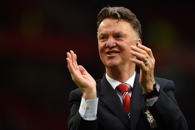 MANCHESTER, ENGLAND - MAY 17:  Louis van Gaal manager of Manchester United applauds the crowd after the Barclays Premier League match between Manchester United and Arsenal at Old Trafford on May 17, 2015 in Manchester, England.  (Photo by Shaun Botterill/Getty Images)
