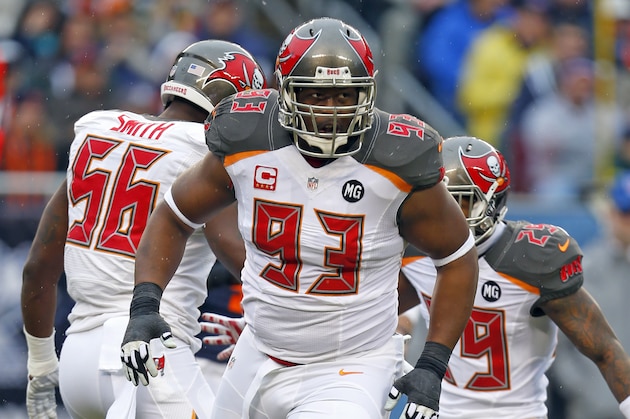 Tampa Bay Buccaneers defensive tackle Gerald McCoy (93) comes off the field against the Chicago Bears during an NFL football game on Sunday, Nov. 23, 2014 in Chicago. The Bears won the game 21-13. (Jeff Haynes/AP Images for Panini)